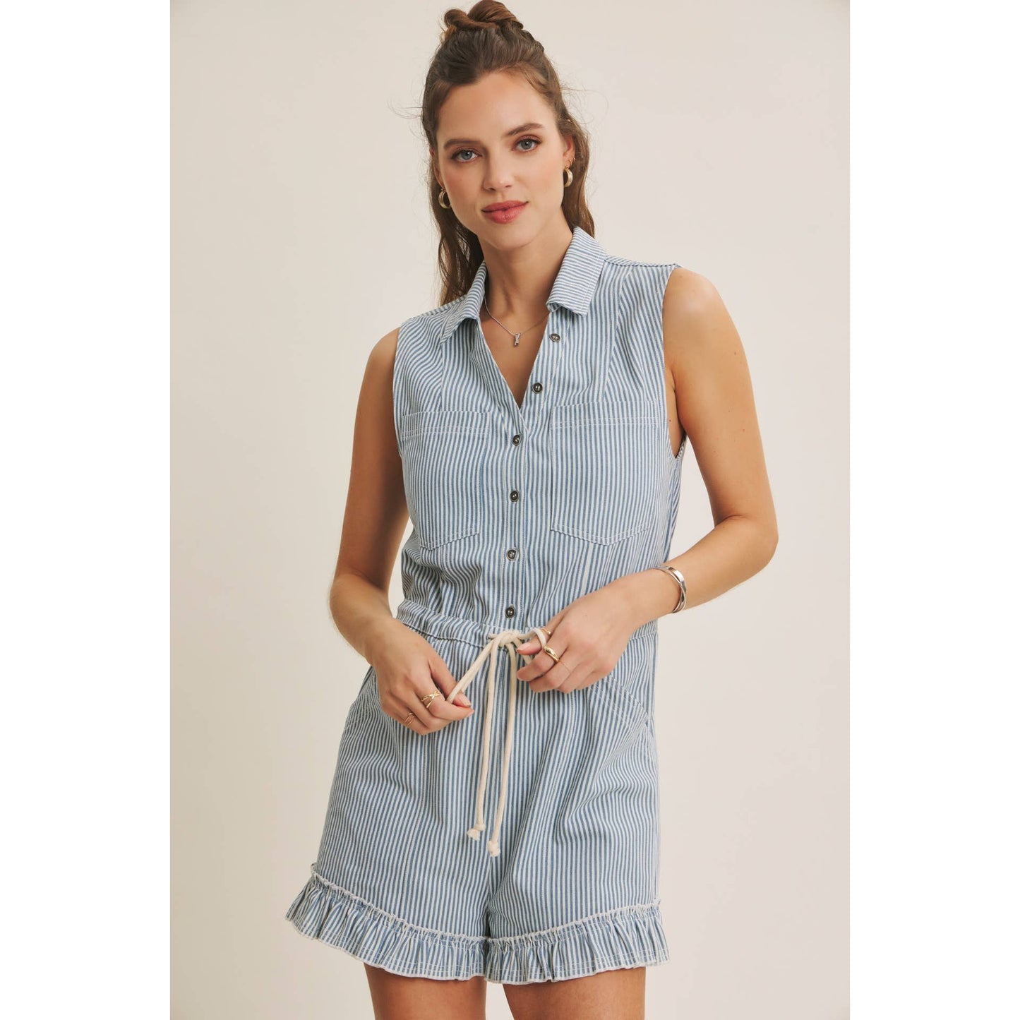 ACAPULCO SUN-FILLED DAYS BREEZY COTTON STRIPE BUTTON-FRONT ROMPER