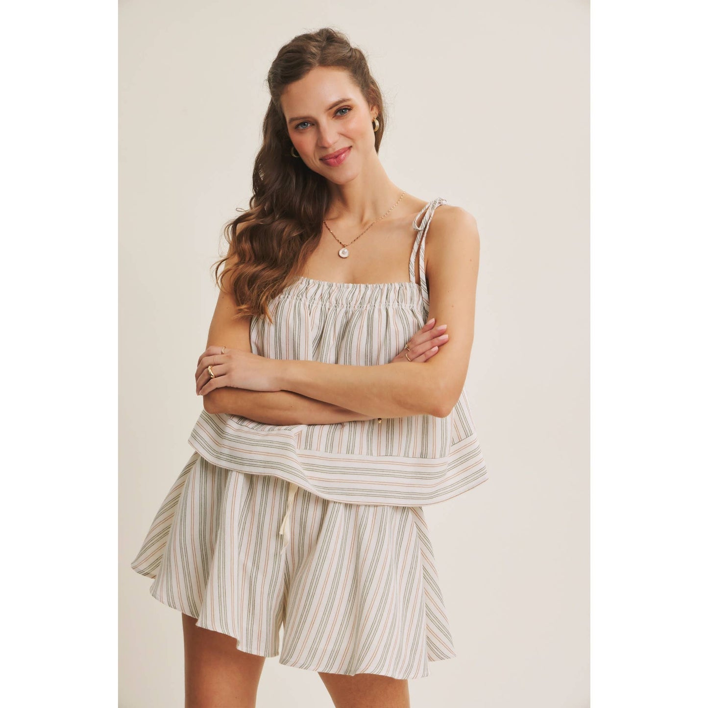AMALFI EASY WARM SEASON STAPLE STRIPED TIE-STRAP COTTON TOP AND SHORTS SET