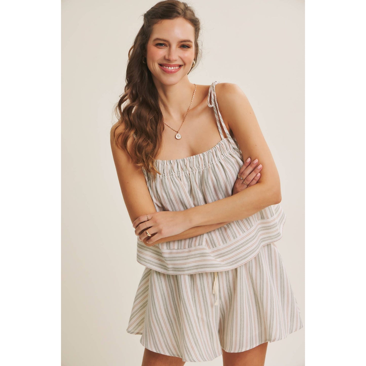 AMALFI EASY WARM SEASON STAPLE STRIPED TIE-STRAP COTTON TOP AND SHORTS SET