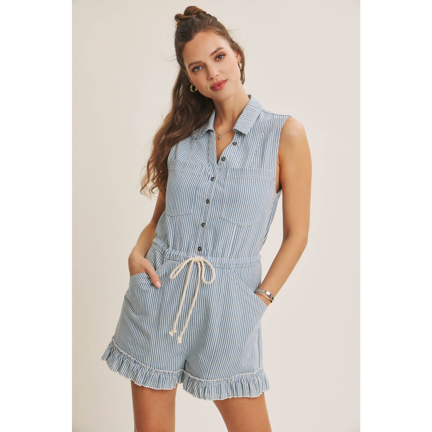 ACAPULCO SUN-FILLED DAYS BREEZY COTTON STRIPE BUTTON-FRONT ROMPER