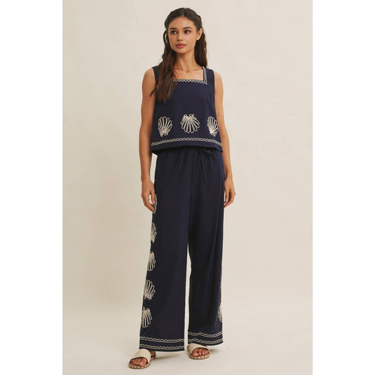 FIJI QUIET LUXURY COASTAL SEASHELL EMBROIDERED WIDE-LEG PANTS AND TOP SET