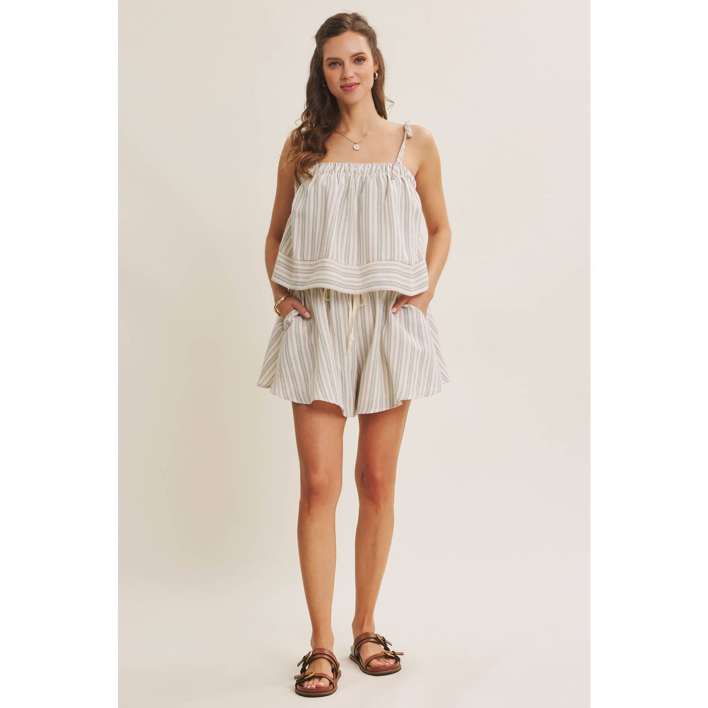 AMALFI EASY WARM SEASON STAPLE STRIPED TIE-STRAP COTTON TOP AND SHORTS SET