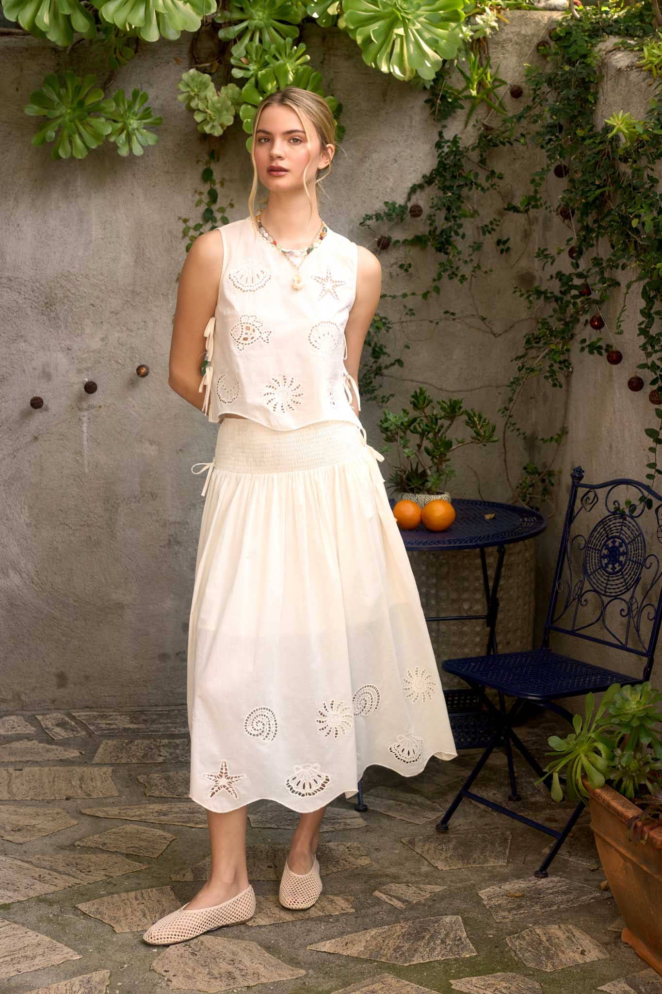ARUBA NAUTICAL EYELET SIDE TIE DETAIL SLEEVELESS TOP AND MIDI SKIRT SET
