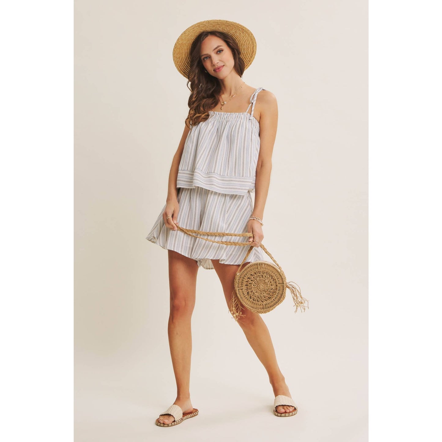 AMALFI EASY WARM SEASON STAPLE STRIPED TIE-STRAP COTTON TOP AND SHORTS SET