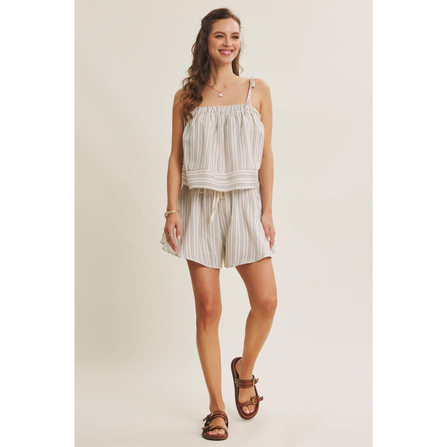 AMALFI EASY WARM SEASON STAPLE STRIPED TIE-STRAP COTTON TOP AND SHORTS SET